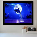 Dolphin Jumping Under The Blue Moon, Framed Art Print Wall Decor, Framed Picture