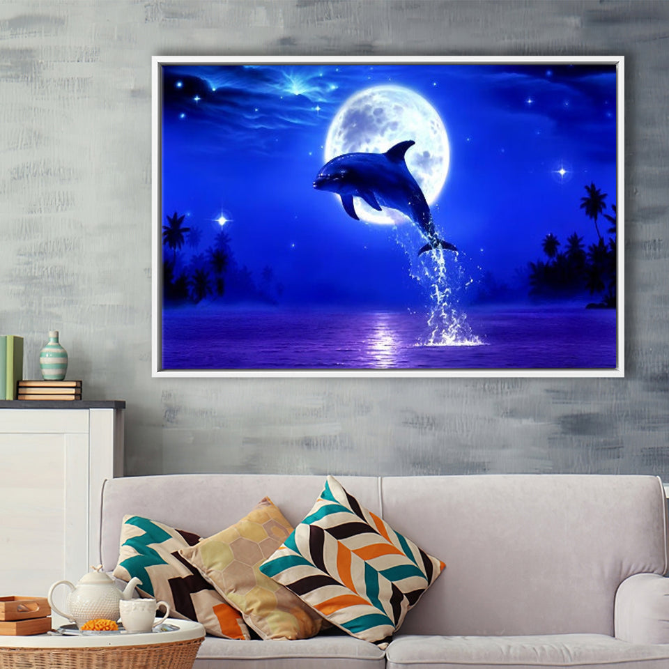 Dolphin Jumping Under The Blue Moon, Framed Canvas Print Wall Art Decor,Floating Frame