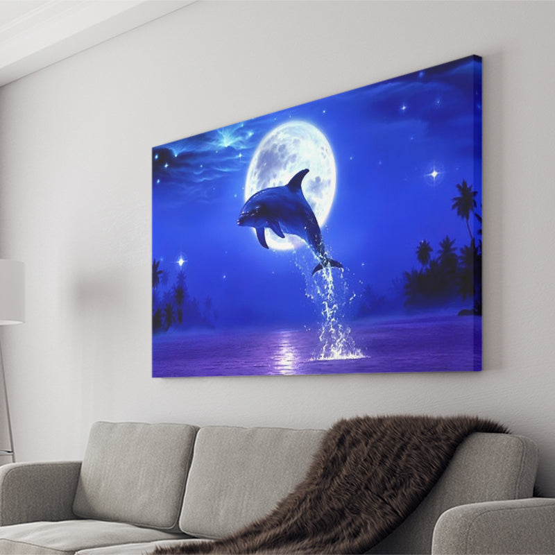 Dolphin jumping under the blue moon, Canvas Print Wall Art Decor, Landscape Art Print
