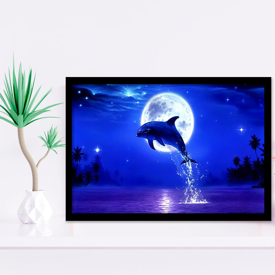 Dolphin Jumping Under The Blue Moon, Framed Art Print Wall Decor, Framed Picture