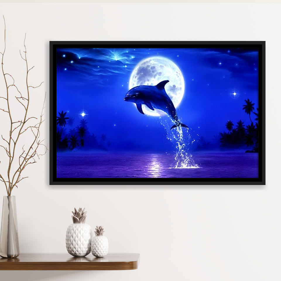 Dolphin Jumping Under The Blue Moon, Framed Canvas Print Wall Art Decor,Floating Frame