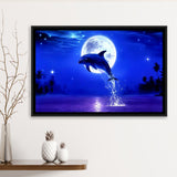 Dolphin Jumping Under The Blue Moon, Framed Canvas Print Wall Art Decor,Floating Frame