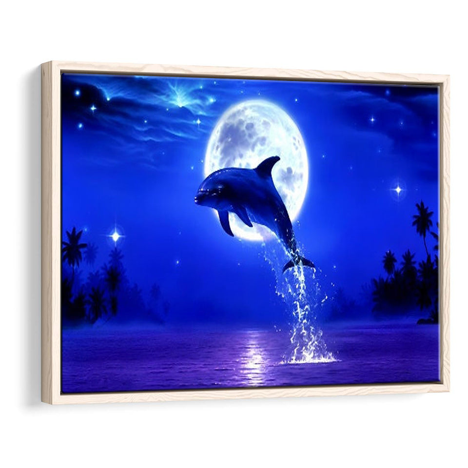 Dolphin Jumping Under The Blue Moon, Framed Canvas Print Wall Art Decor,Floating Frame
