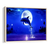 Dolphin Jumping Under The Blue Moon, Framed Canvas Print Wall Art Decor,Floating Frame