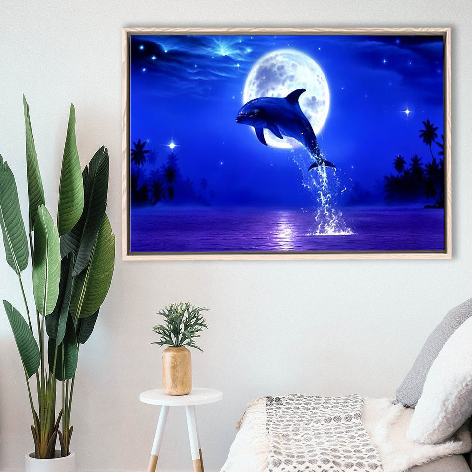 Dolphin Jumping Under The Blue Moon, Framed Canvas Print Wall Art Decor,Floating Frame