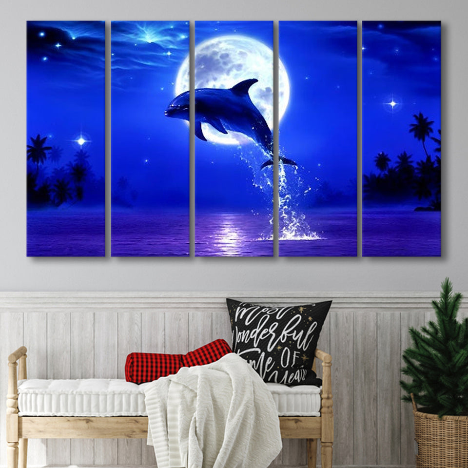 Dolphin Jumping Under The Blue Moon, Extra Large Multi 5 Panel Canvas Print Wall Art Decor