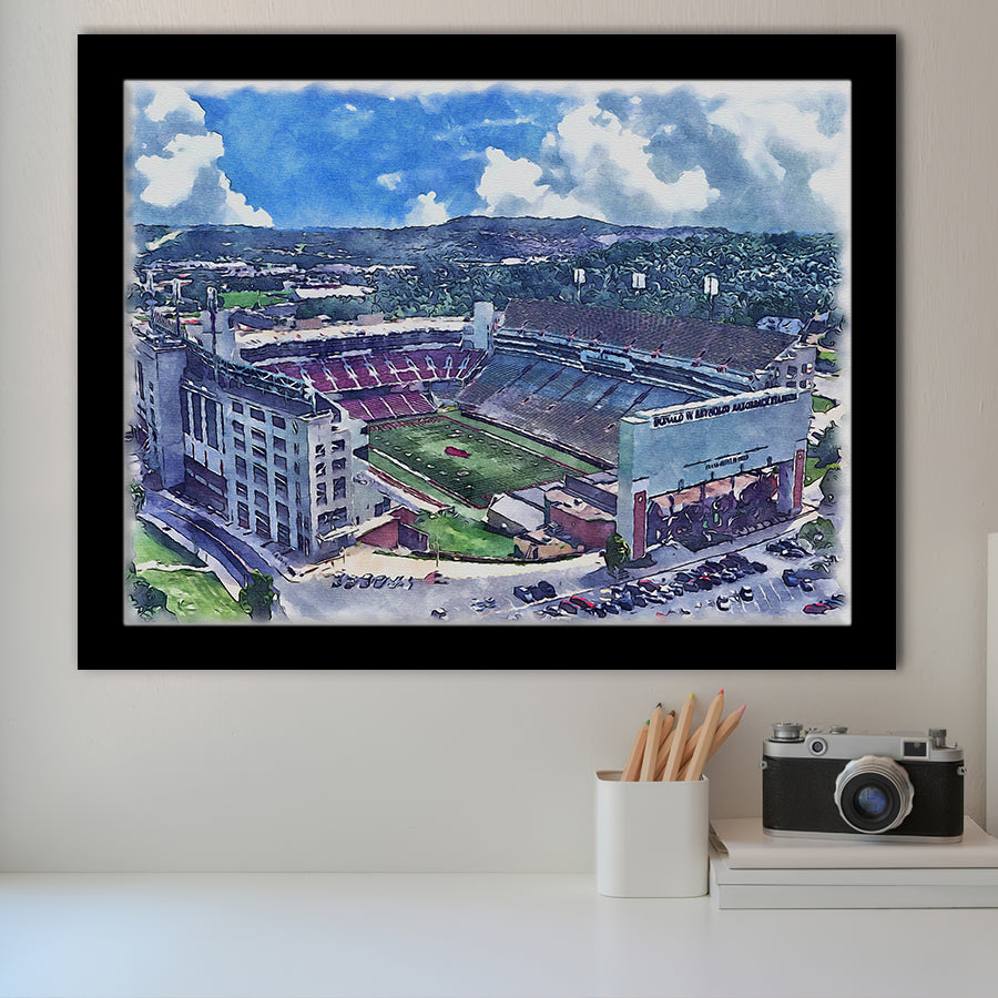 Donald W. Reynolds Razorback Stadium WaterColor Framed Art Prints, Fayetteville Arkansas Watercolor, Stadium Art Gifts