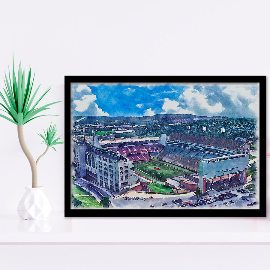 Donald W. Reynolds Razorback Stadium WaterColor Framed Art Prints, Fayetteville Arkansas Watercolor, Stadium Art Gifts