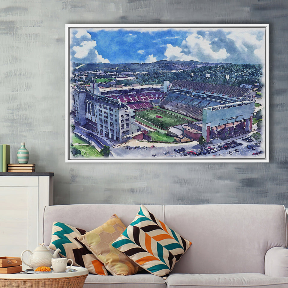 Donald W. Reynolds Razorback Stadium WaterColor Framed Canvas Prints, Stadium Art Gifts, Floating Frame