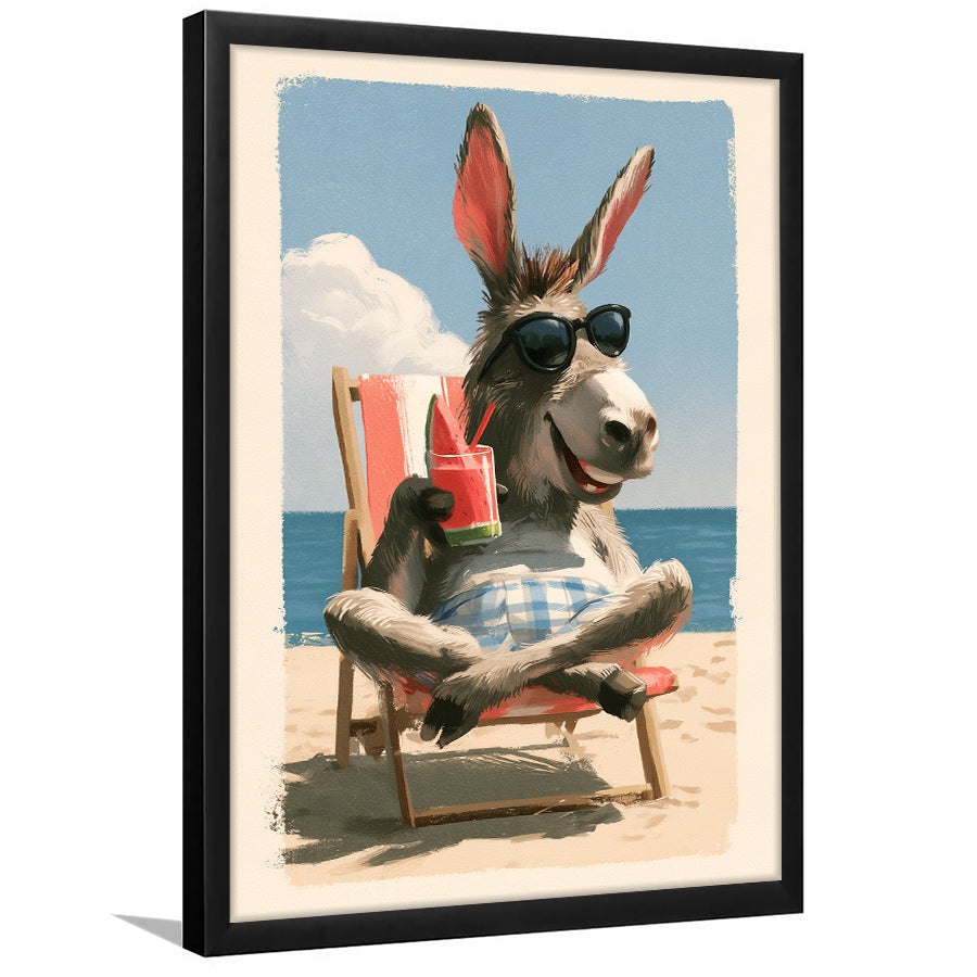 Donkey Funny Relax Time, Summer Art, Pet Lover Art, Vintage Painting, Framed Art Print, Fine Art Wall Decor