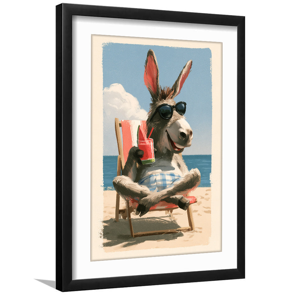 Donkey Funny Relax Time, Summer Art, Pet Lover Art, Vintage Painting, Framed Art Print White Border