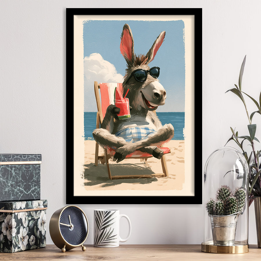 Donkey Funny Relax Time, Summer Art, Pet Lover Art, Vintage Painting, Framed Art Print, Fine Art Wall Decor