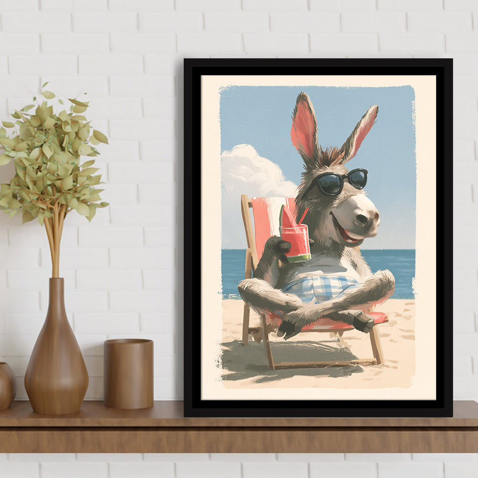 Donkey Funny Relax Time, Summer Art, Pet Lover Art, Vintage Painting, Framed Canvas Print, Floating Frame