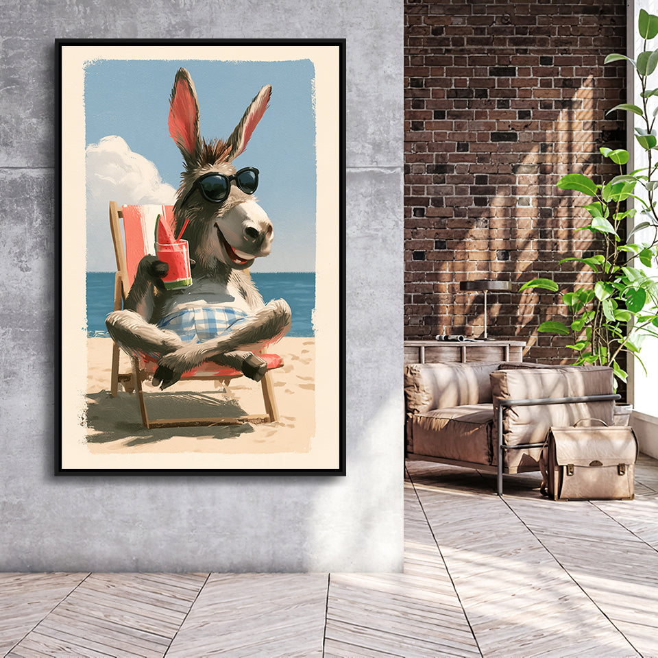 Donkey Funny Relax Time, Summer Art, Pet Lover Art, Vintage Painting, Framed Canvas Print, Floating Frame