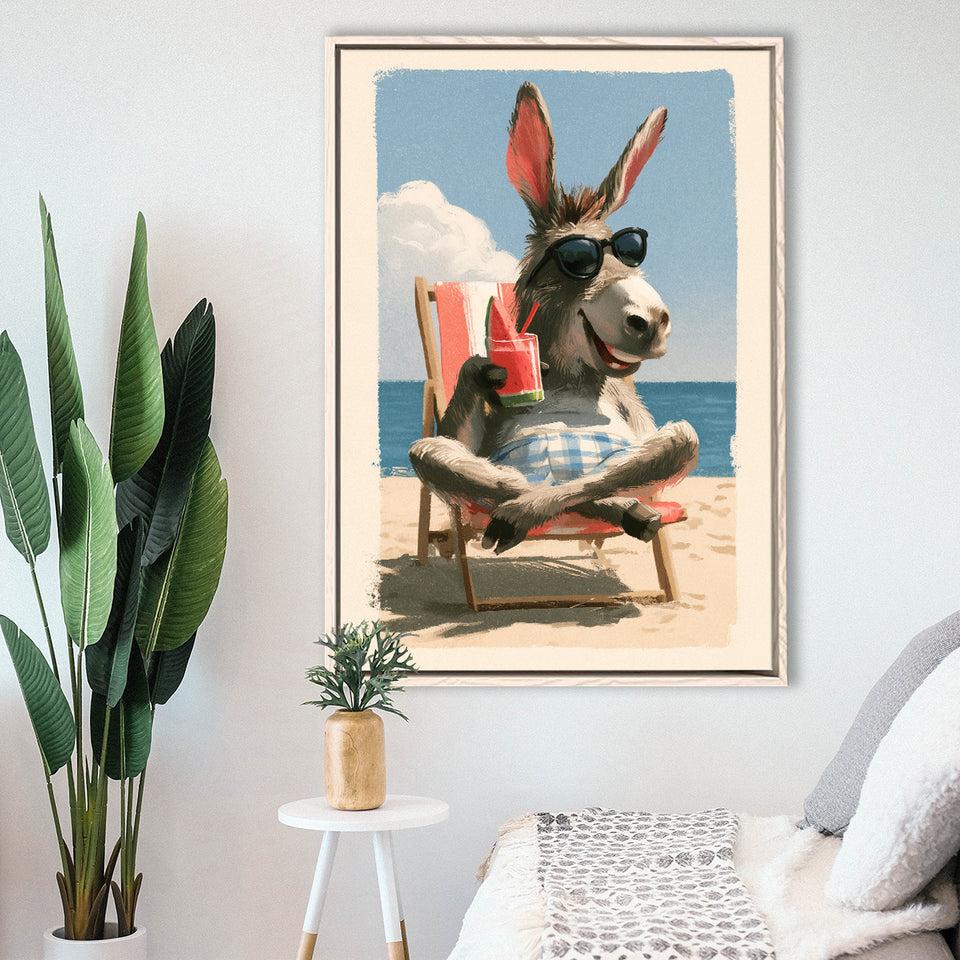 Donkey Funny Relax Time, Summer Art, Pet Lover Art, Vintage Painting, Framed Canvas Print, Floating Frame