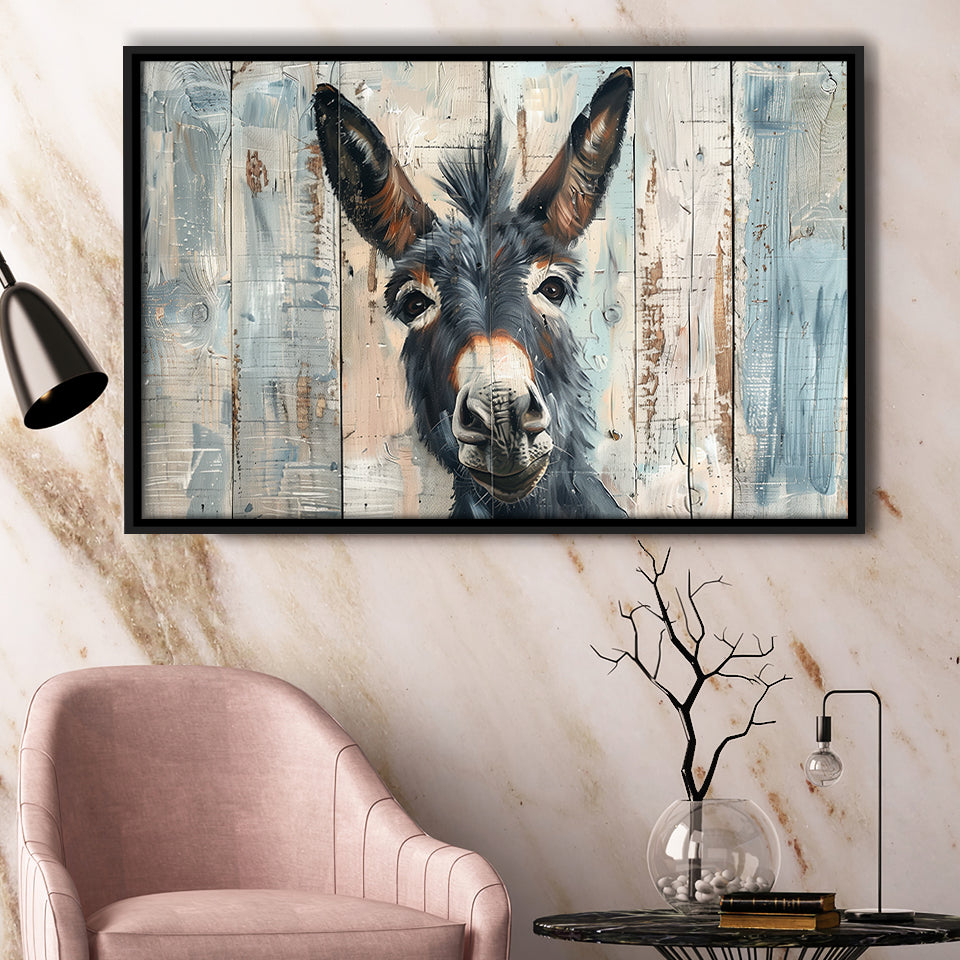 Donkey Smile Portrait Painted On Wood, Framed Canvas Print Wall Art Decor,Floating Frame