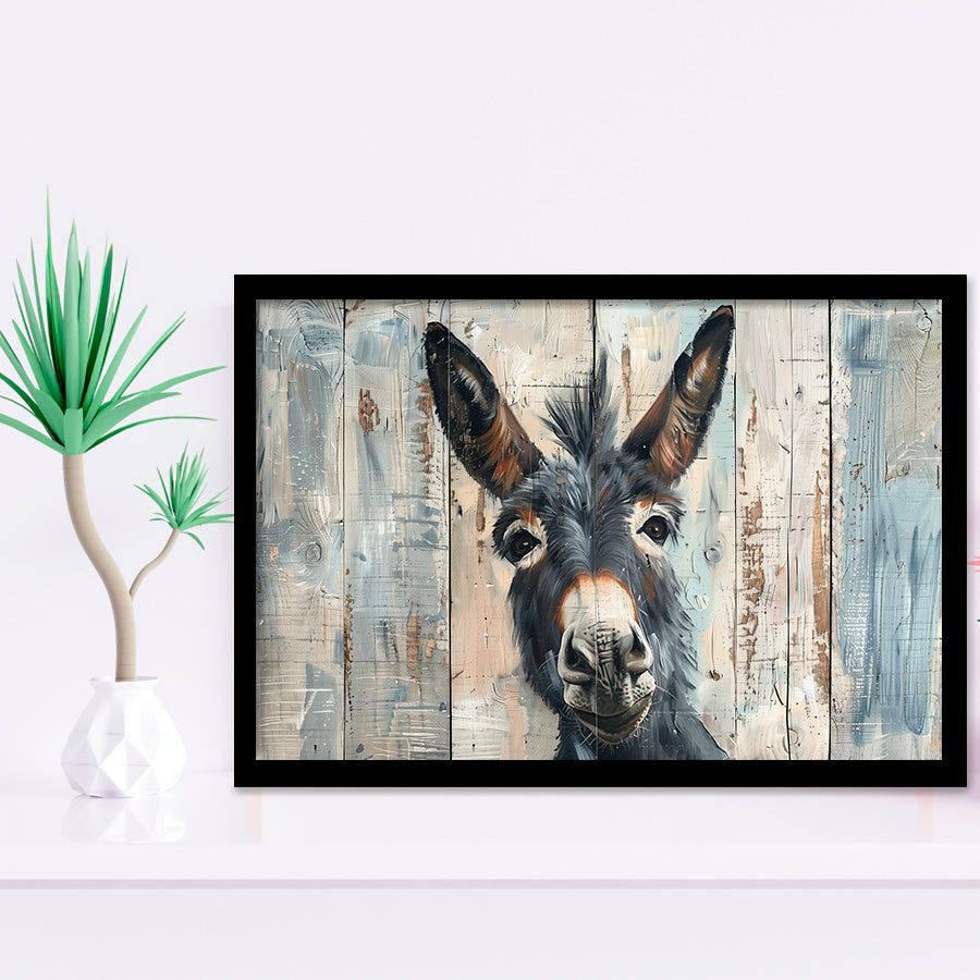 Donkey Smile Portrait Painted On Wood, Framed Art Print Wall Decor, Framed Picture