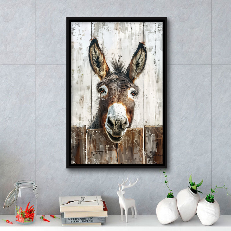 Donkey Smile Portrait Painted On Wood Painting,Framed Canvas Prints Wall Art Decor, Floating Frame