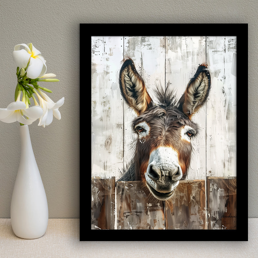 Donkey Smile Portrait Painted On Wood Painting,Framed Art Prints Wall Decor, Picture Framed
