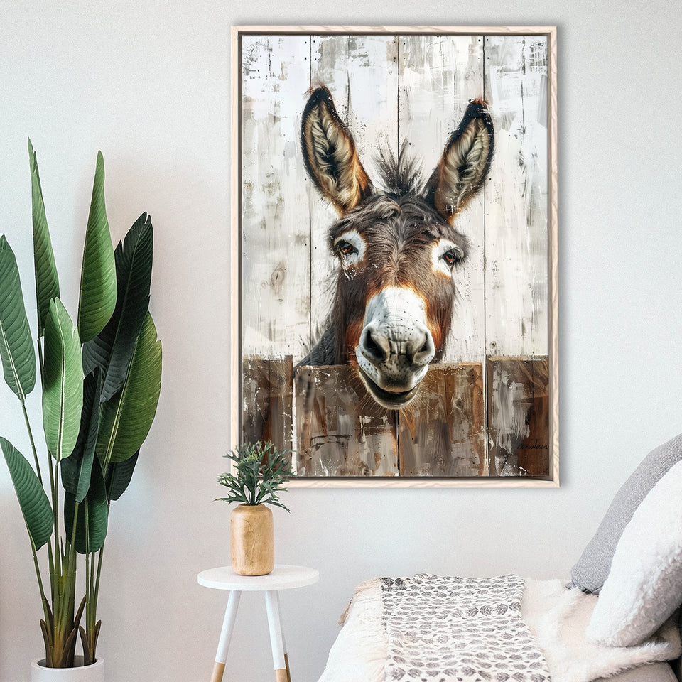Donkey Smile Portrait Painted On Wood Painting,Framed Canvas Prints Wall Art Decor, Floating Frame