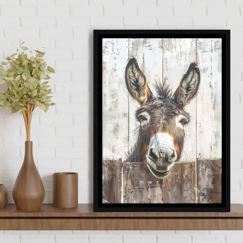Donkey Smile Portrait Painted On Wood Painting,Framed Canvas Prints Wall Art Decor, Floating Frame
