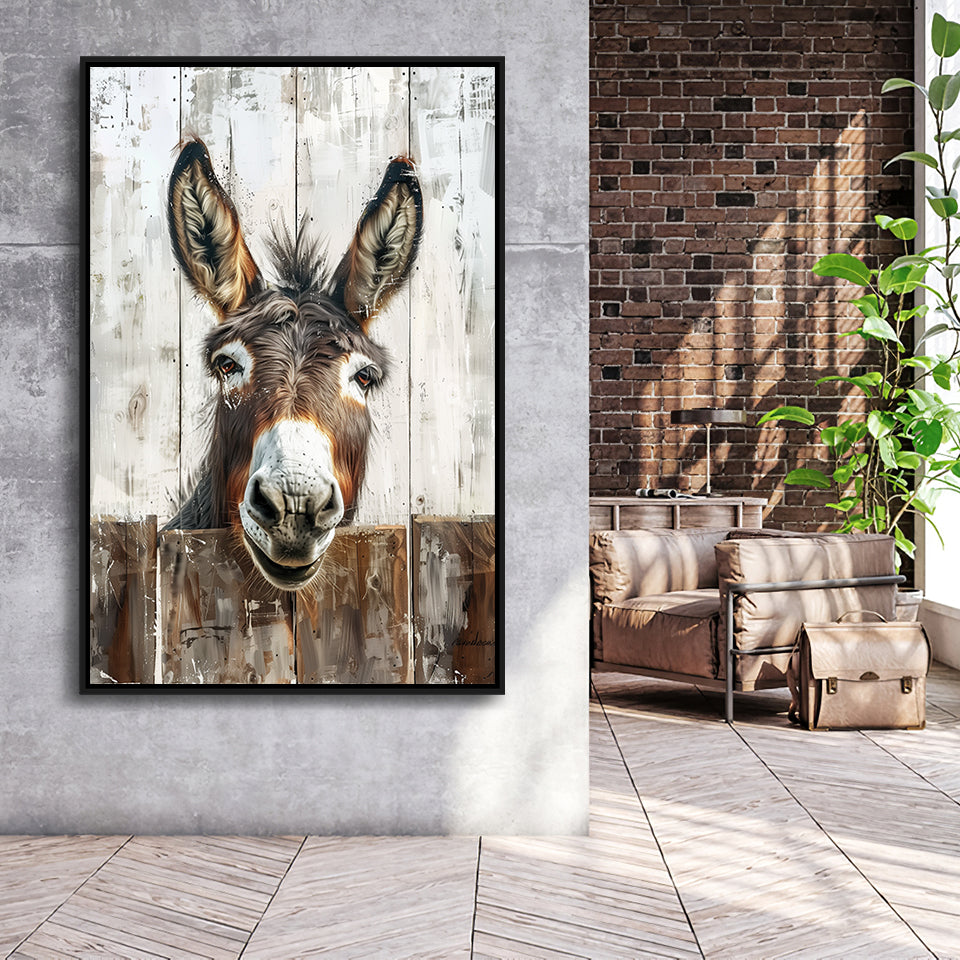 Donkey Smile Portrait Painted On Wood Painting,Framed Canvas Prints Wall Art Decor, Floating Frame