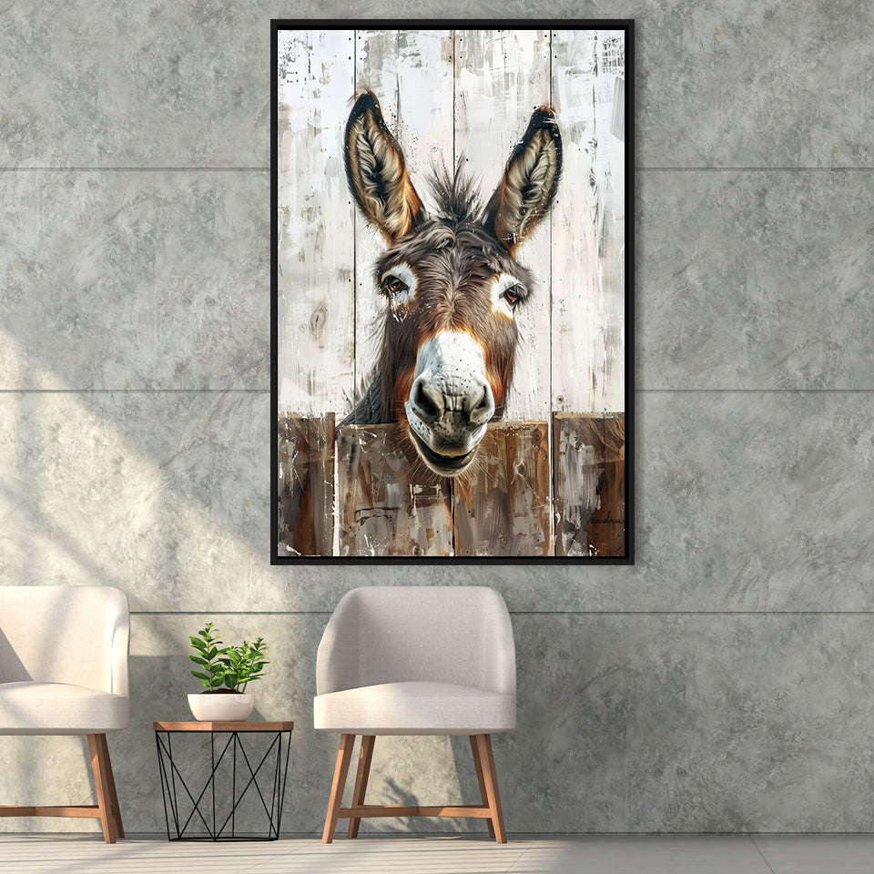 Donkey Smile Portrait Painted On Wood Painting,Framed Canvas Prints Wall Art Decor, Floating Frame