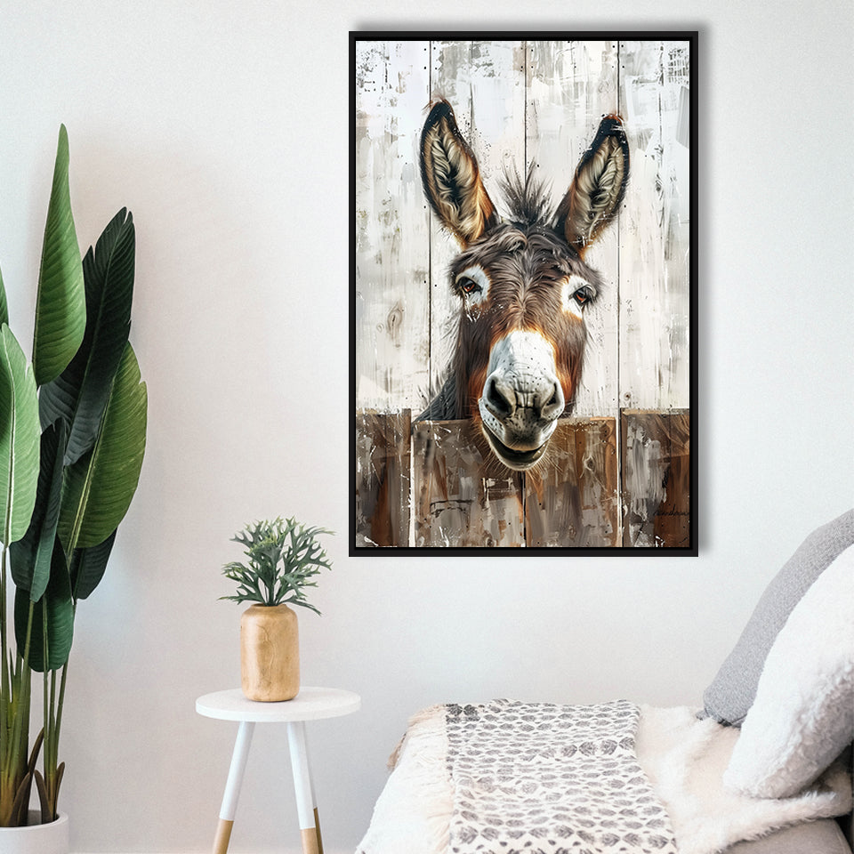 Donkey Smile Portrait Painted On Wood Painting,Framed Canvas Prints Wall Art Decor, Floating Frame