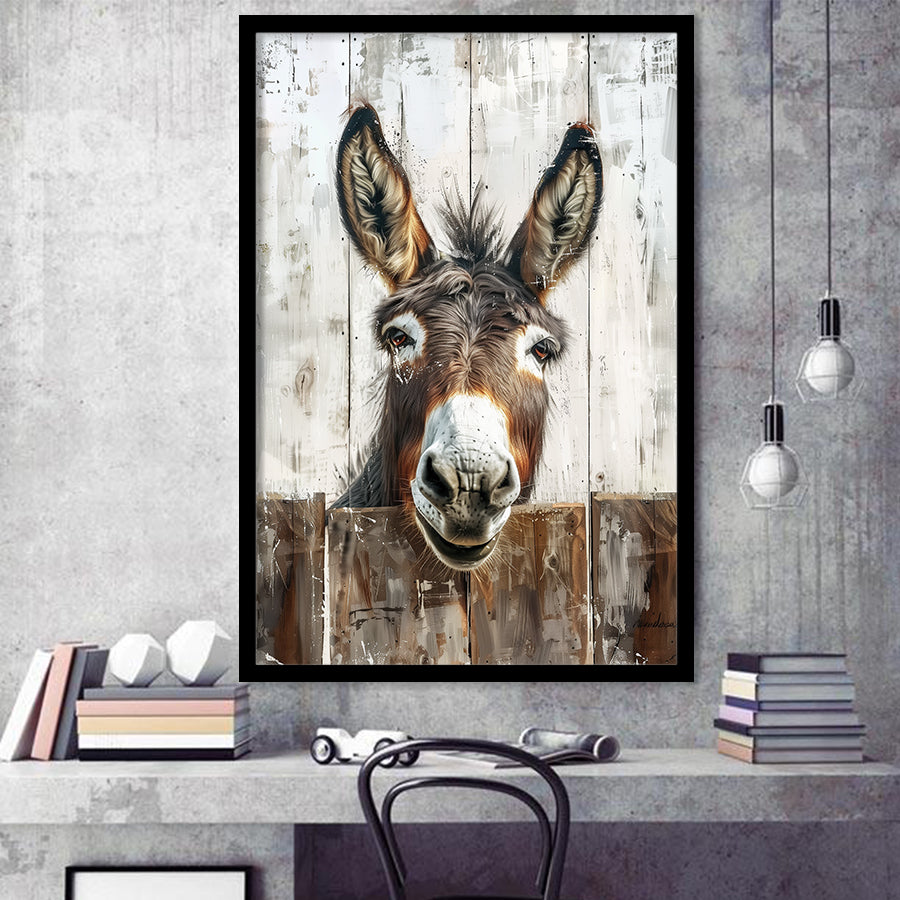 Donkey Smile Portrait Painted On Wood Painting,Framed Art Prints Wall Decor, Picture Framed