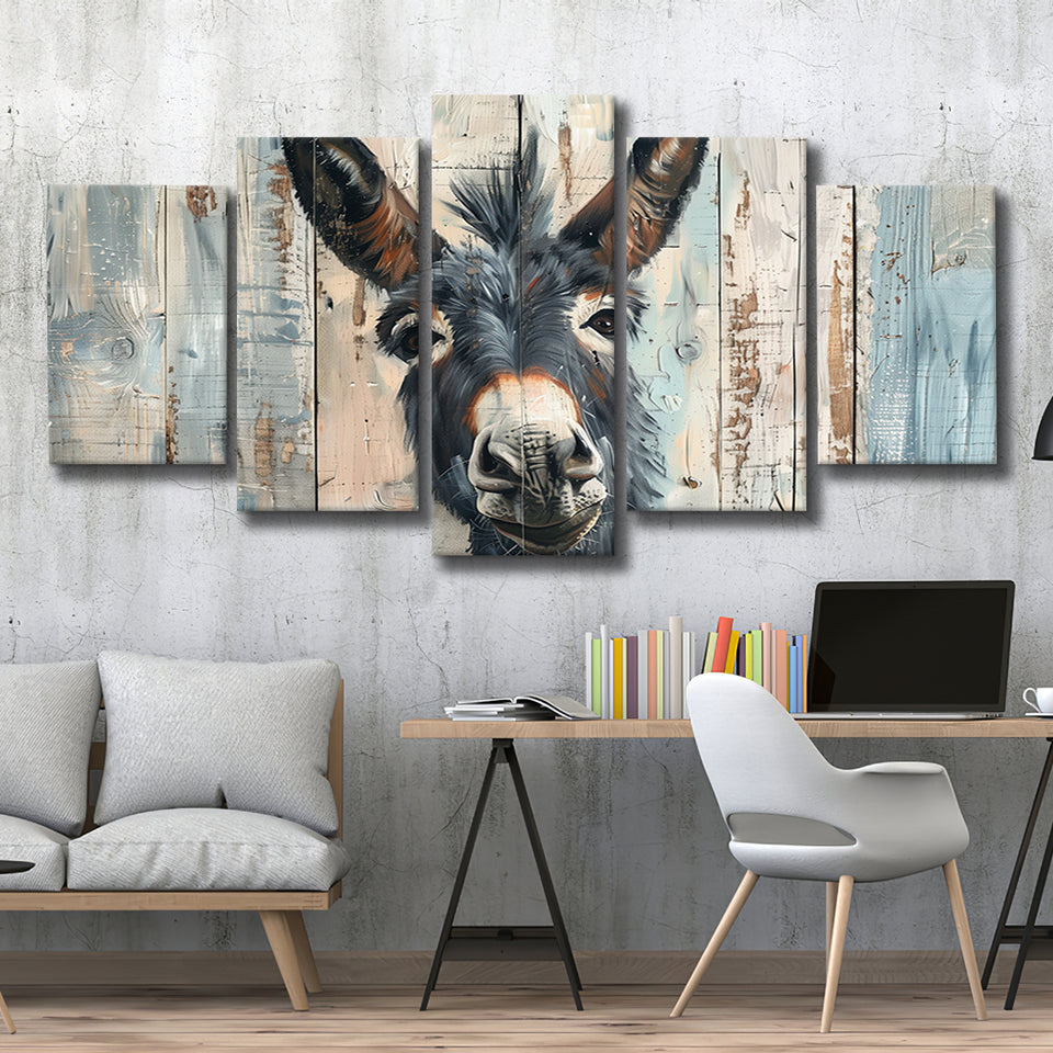 Donkey Smile Portrait Painted On Wood, Multi Panel Canvas Print Wall Art Decor, 5 Mixed Panel
