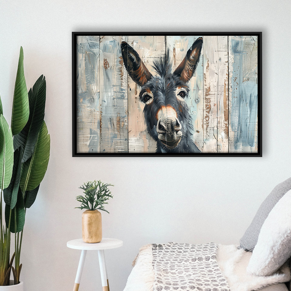 Donkey Smile Portrait Painted On Wood, Framed Canvas Print Wall Art Decor,Floating Frame