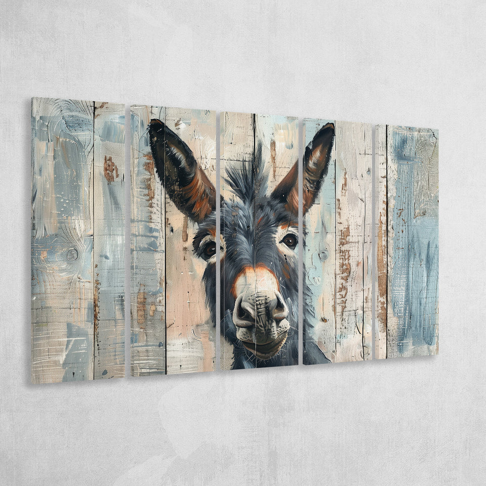 Donkey Smile Portrait Painted On Wood, Extra Large Multi 5 Panel Canvas Print Wall Art Decor