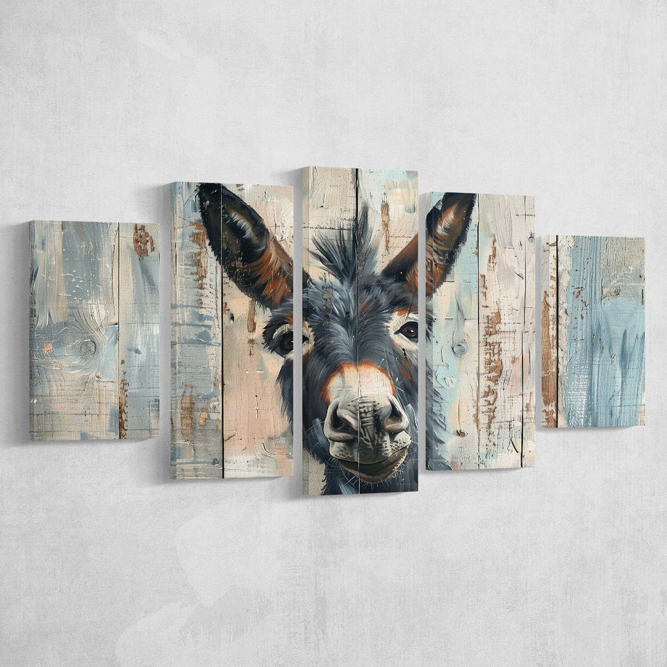 Donkey Smile Portrait Painted On Wood, Multi Panel Canvas Print Wall Art Decor, 5 Mixed Panel