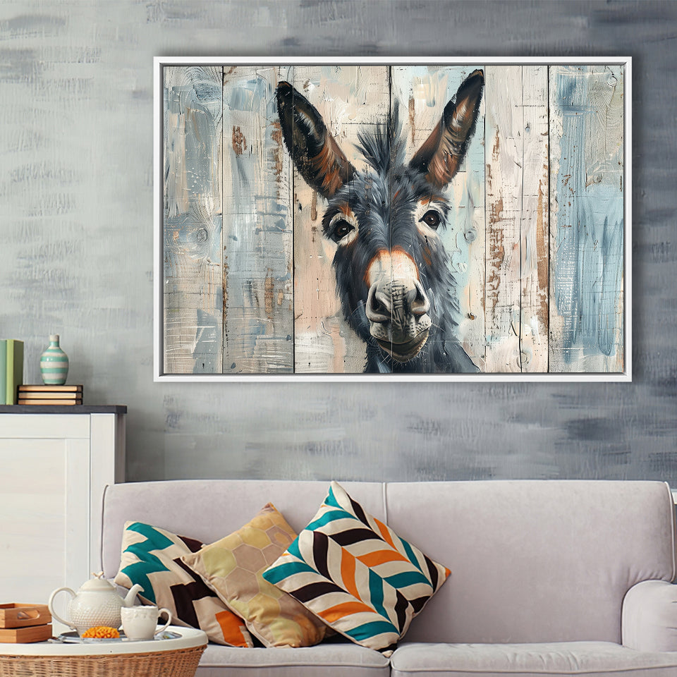 Donkey Smile Portrait Painted On Wood, Framed Canvas Print Wall Art Decor,Floating Frame