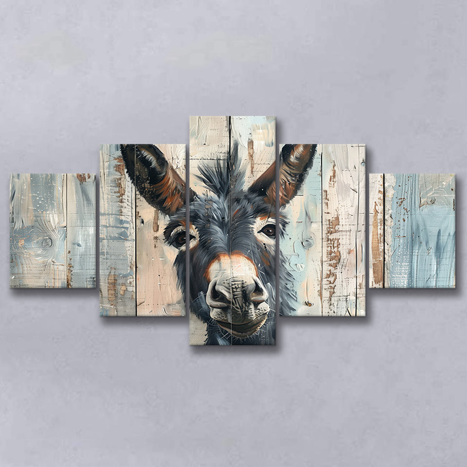 Donkey Smile Portrait Painted On Wood, Multi Panel Canvas Print Wall Art Decor, 5 Mixed Panel