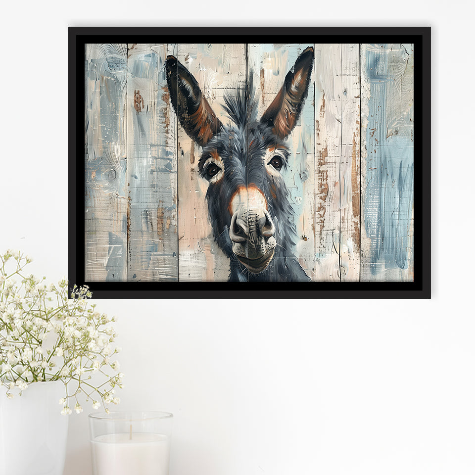 Donkey Smile Portrait Painted On Wood, Framed Canvas Print Wall Art Decor,Floating Frame