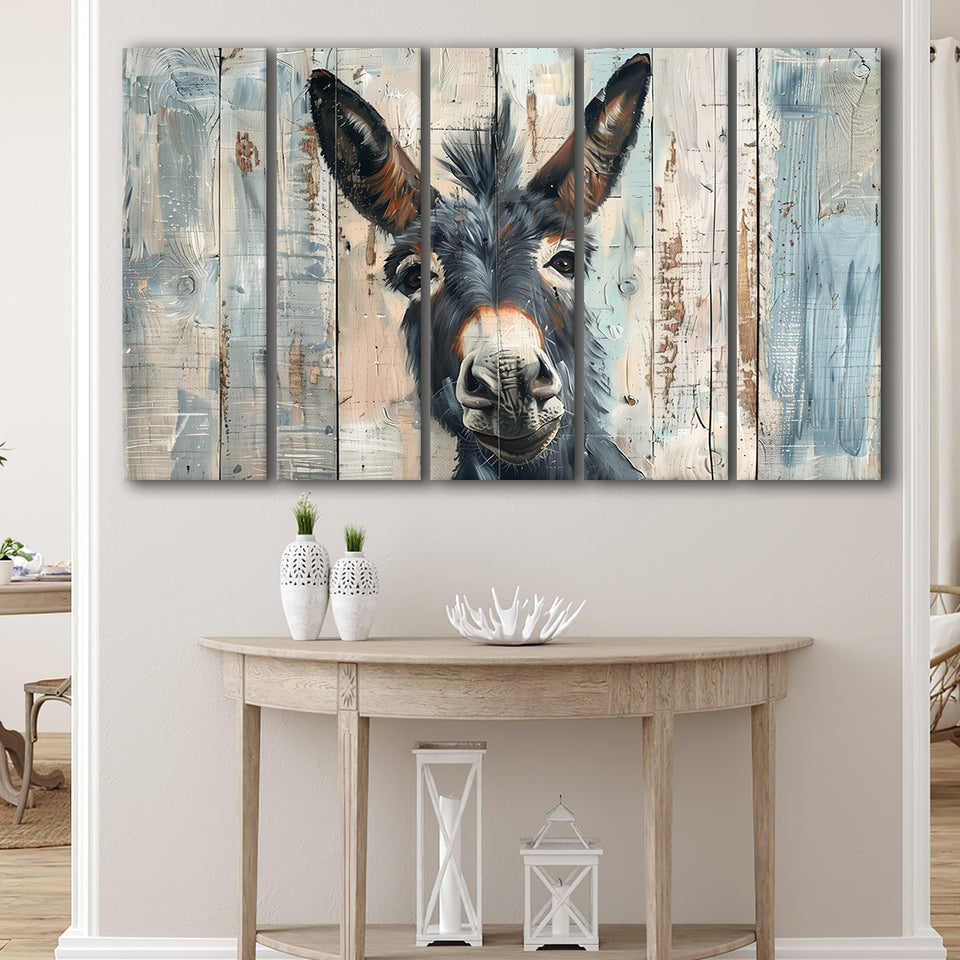 Donkey Smile Portrait Painted On Wood, Extra Large Multi 5 Panel Canvas Print Wall Art Decor
