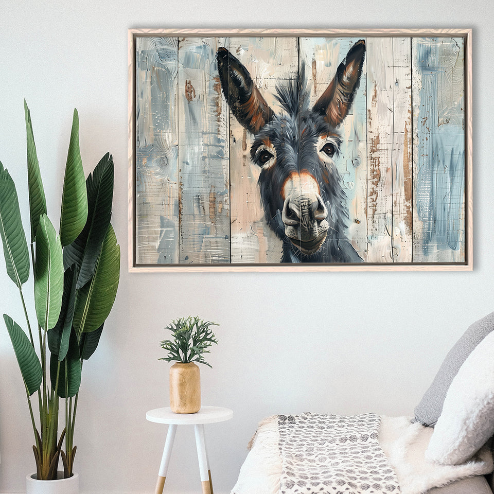 Donkey Smile Portrait Painted On Wood, Framed Canvas Print Wall Art Decor,Floating Frame