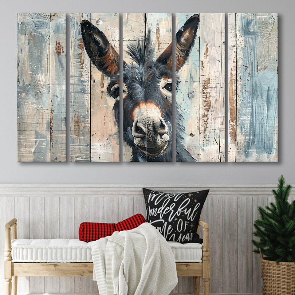 Donkey Smile Portrait Painted On Wood, Extra Large Multi 5 Panel Canvas Print Wall Art Decor
