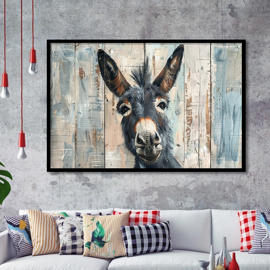 Donkey Smile Portrait Painted On Wood, Framed Art Print Wall Decor, Framed Picture