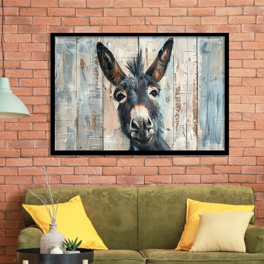 Donkey Smile Portrait Painted On Wood, Framed Art Print Wall Decor, Framed Picture