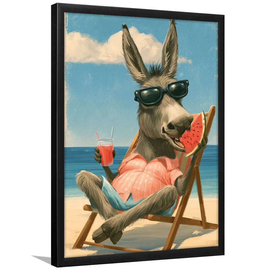 Donkey On The Beach, Summer Art, Pet Lover Art, Vintage Painting, Framed Art Print, Fine Art Wall Decor