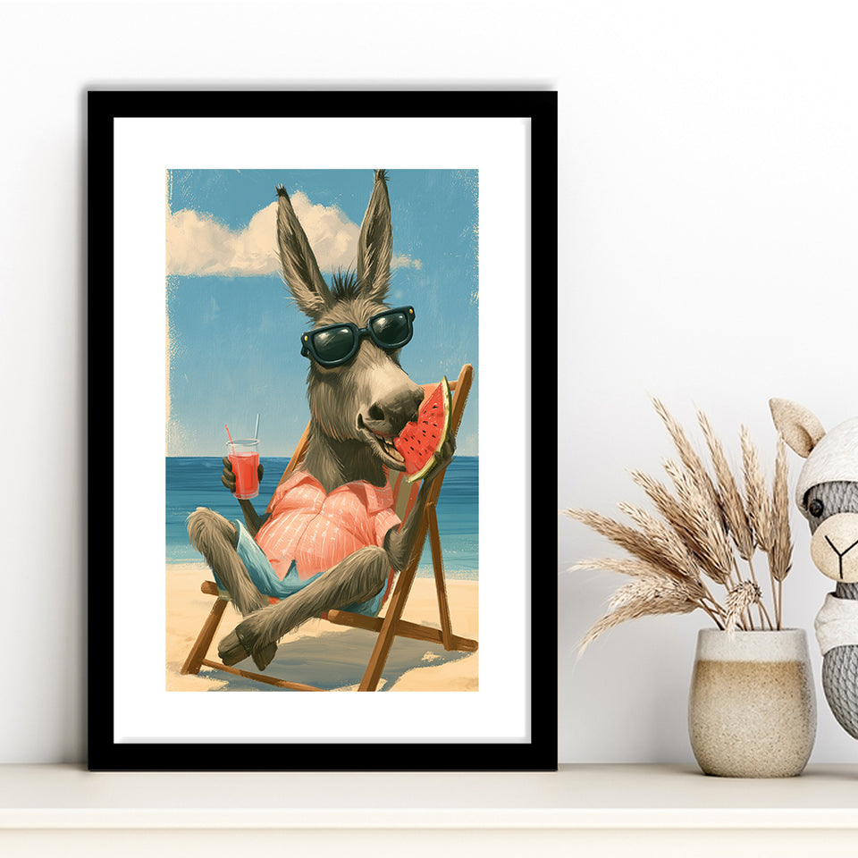 Donkey On The Beach, Summer Art, Pet Lover Art, Vintage Painting, Framed Art Print White Border