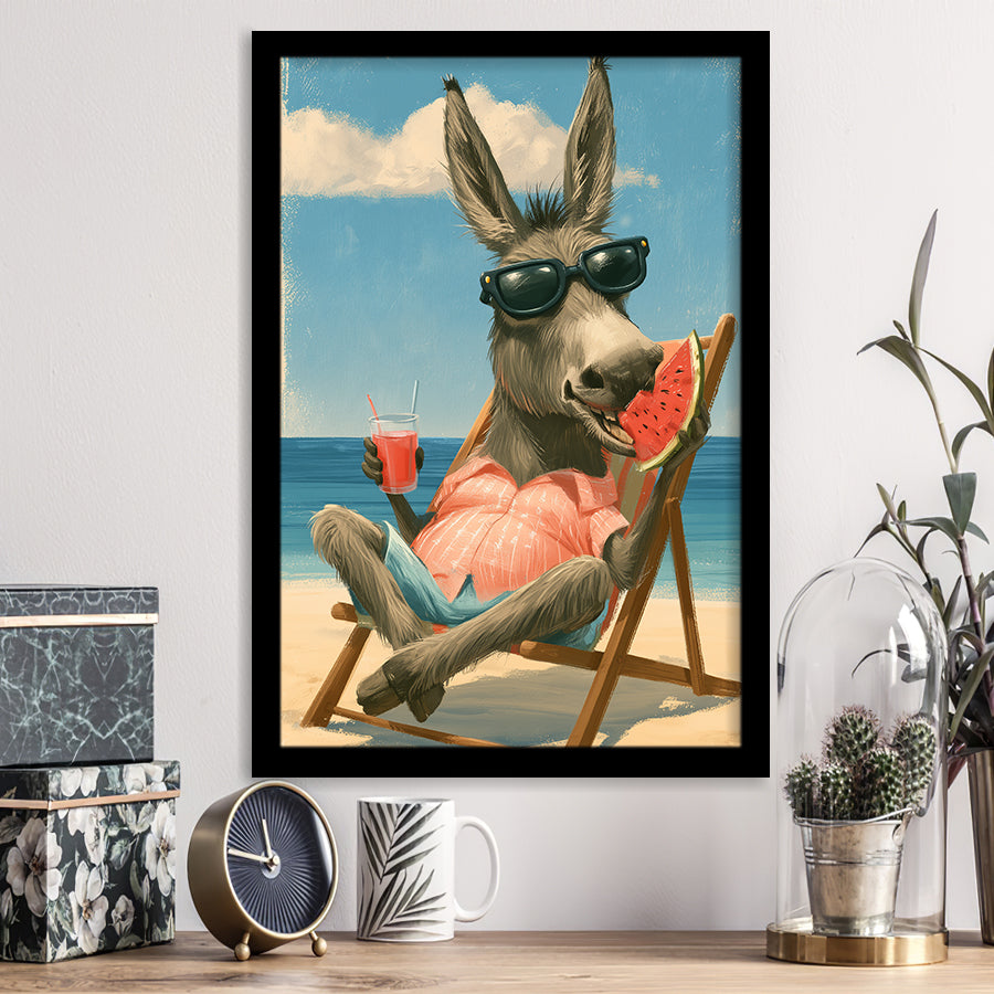 Donkey On The Beach, Summer Art, Pet Lover Art, Vintage Painting, Framed Art Print, Fine Art Wall Decor