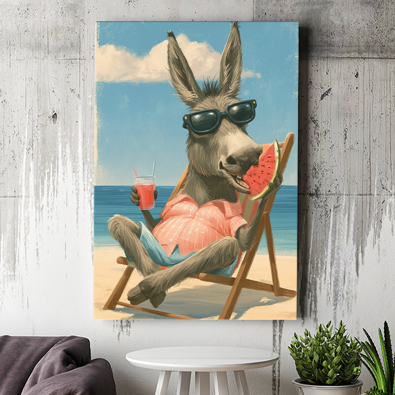 Donkey On The Beach, Summer Art, Pet Lover Art, Vintage Painting, Canvas Print Wall Art, Wall Decor