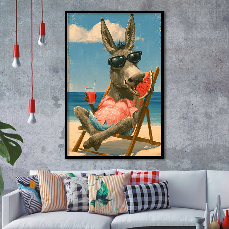 Donkey On The Beach, Summer Art, Pet Lover Art, Vintage Painting, Framed Art Print, Fine Art Wall Decor