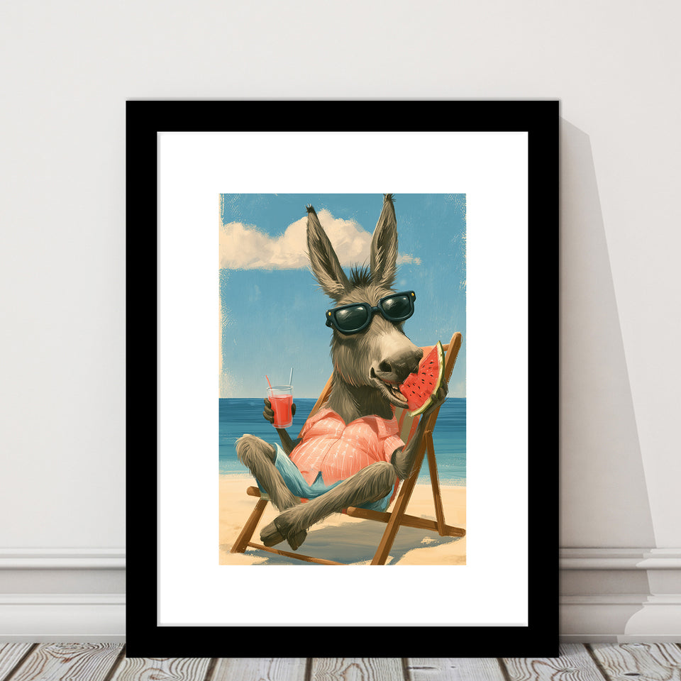Donkey On The Beach, Summer Art, Pet Lover Art, Vintage Painting, Framed Art Print White Border