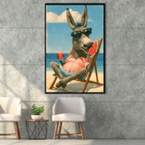 Donkey On The Beach, Summer Art, Pet Lover Art, Vintage Painting, Framed Canvas Print, Floating Frame