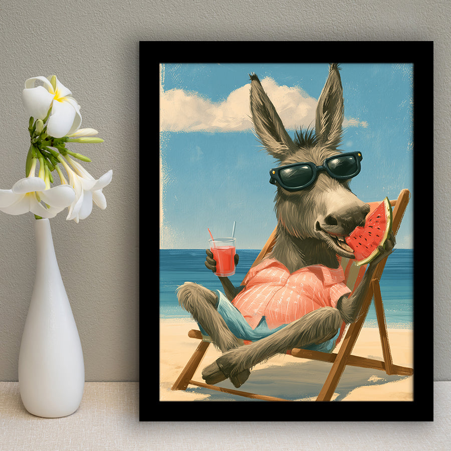Donkey On The Beach, Summer Art, Pet Lover Art, Vintage Painting, Framed Art Print, Fine Art Wall Decor