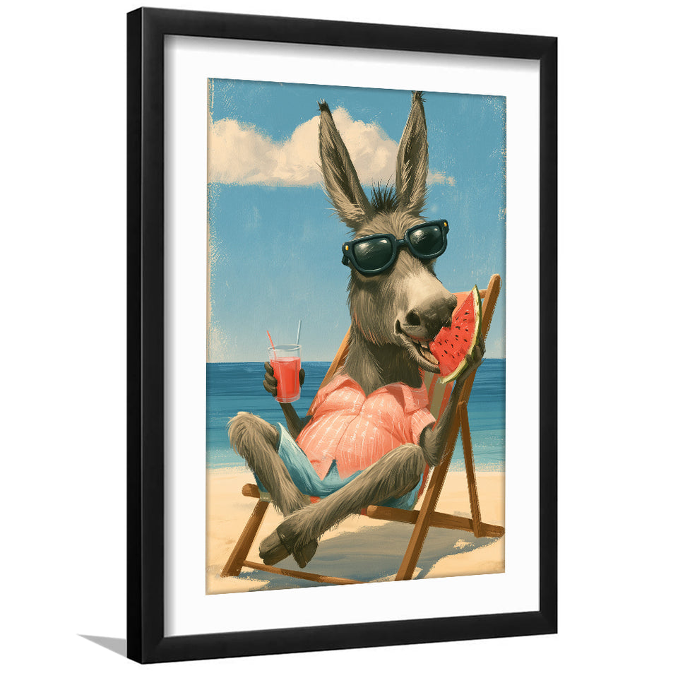 Donkey On The Beach, Summer Art, Pet Lover Art, Vintage Painting, Framed Art Print White Border